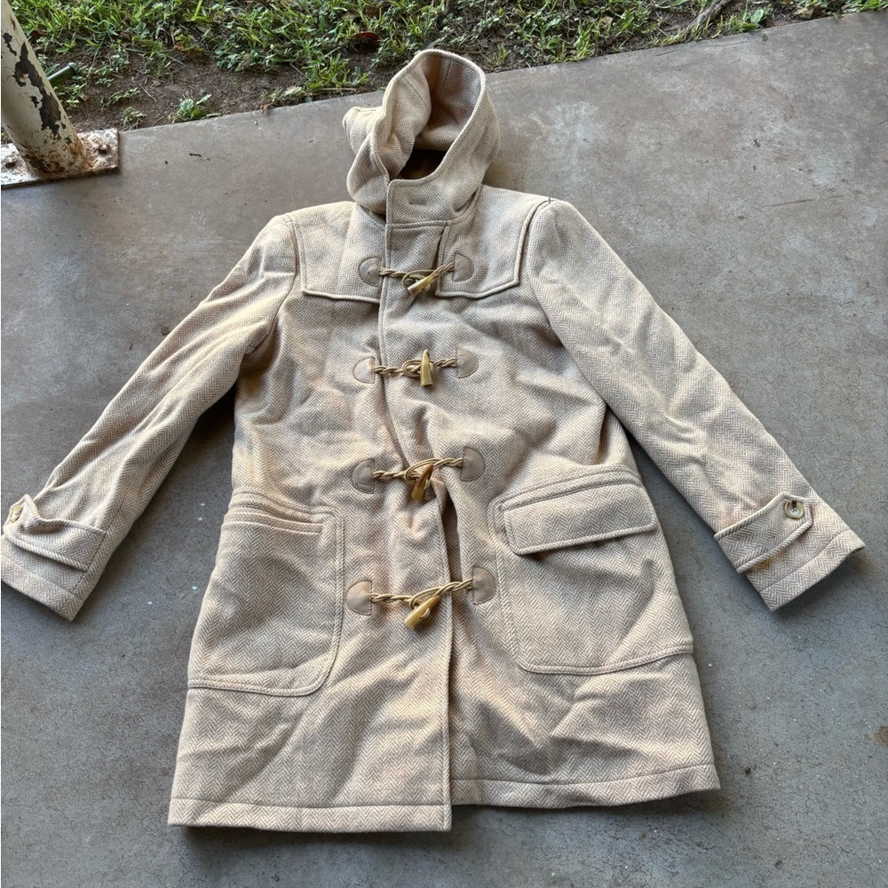 Women's Large Beige/Tan Toggle Wool Coat Autumn Ready **flaw